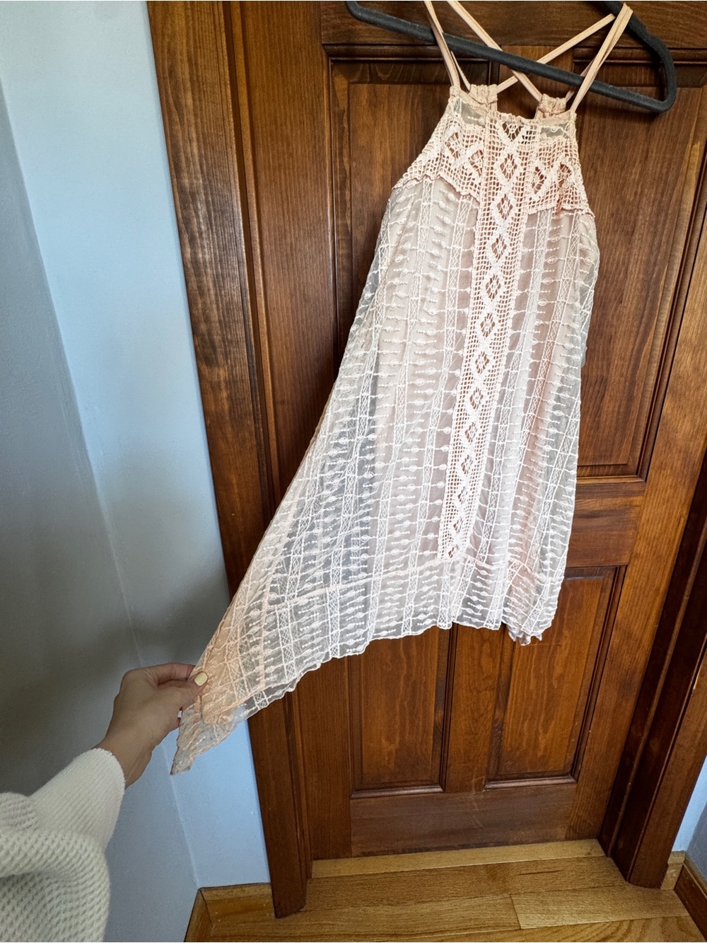 200. Light Peach colored Flowy boho crochet Dress - Picture 4 of 12
